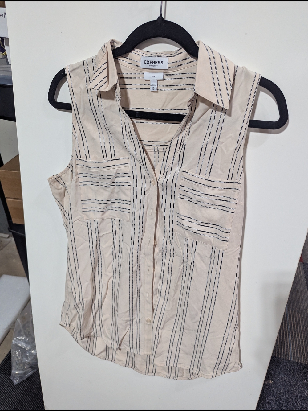 Express Women's Cream Sleeveless Button-Front Stripe Shirt